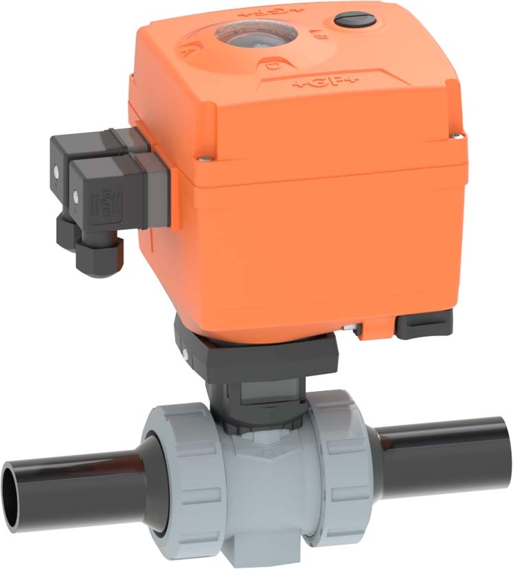 Kugelhahn Typ 127 ABS <br />100-230V<br />Mit integrierter Handnotbetätigung<br />Mit Stumpfschweiss-Stutzen lang