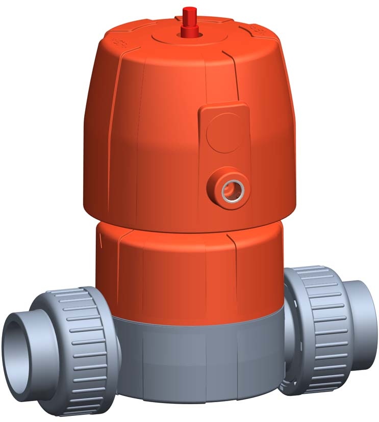 Membranventil Typ DIASTAR Six ABS FC (Federkraft schliessend) Verschraubungen mit Klebemuffen metrisch d 32 mm, DN 25 mm, EPDM
