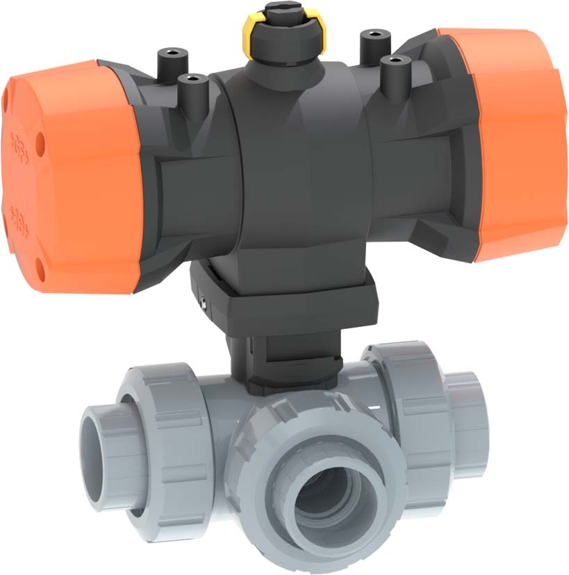 3-Weg Kugelhahn Typ 543 Pro P ABS<br />Horizontal/L-Bohrung<br />Federkraft schließend (FC)<br />Mit Klebemuffen metrisch