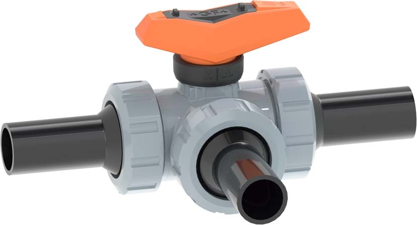 3-Weg Kugelhahn Typ 543 ABS Horizontal/T-Bohrung Mit Stumpfschweissstutzen lang PE100 SDR11 metrisch d 20 mm, DN 15 mm, EPDM