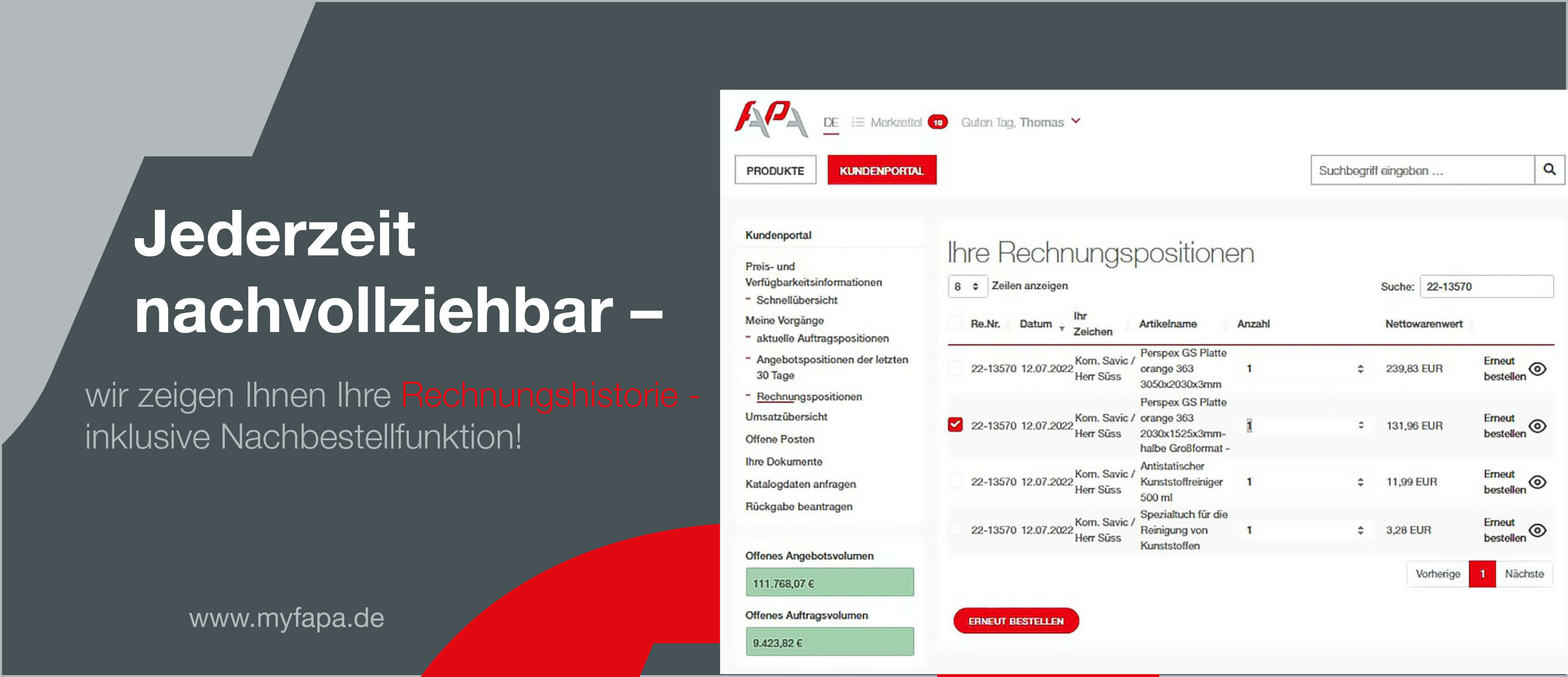 Rechnungspositionen mit Nachbestellen-Funktion