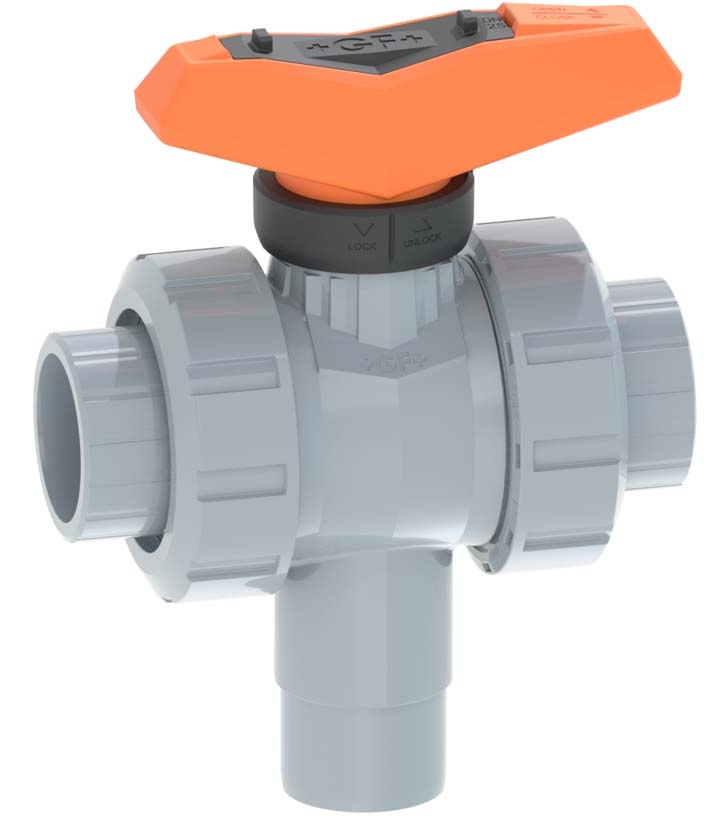 3-Weg Kugelhahn Typ 543 ABS Vertikal/L-Bohrung Mit Klebemuffen metrisch d 25 mm, DN 20 mm, EPDM