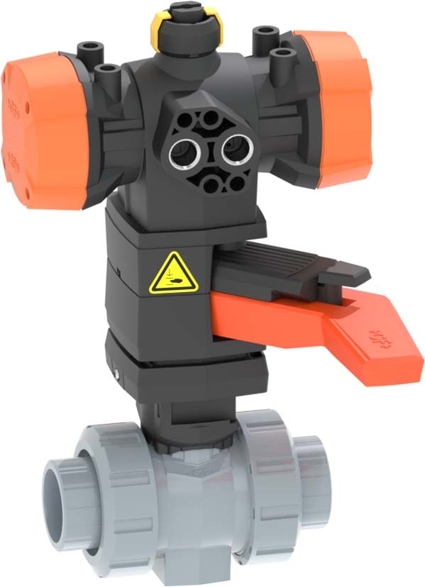 ABS Kugelhahn Typ 546 Pro mit PPA<br />FC (Federkraft schliessend)<br />Mit Handbetätigung<br />Mit Klebemuffen metrisch