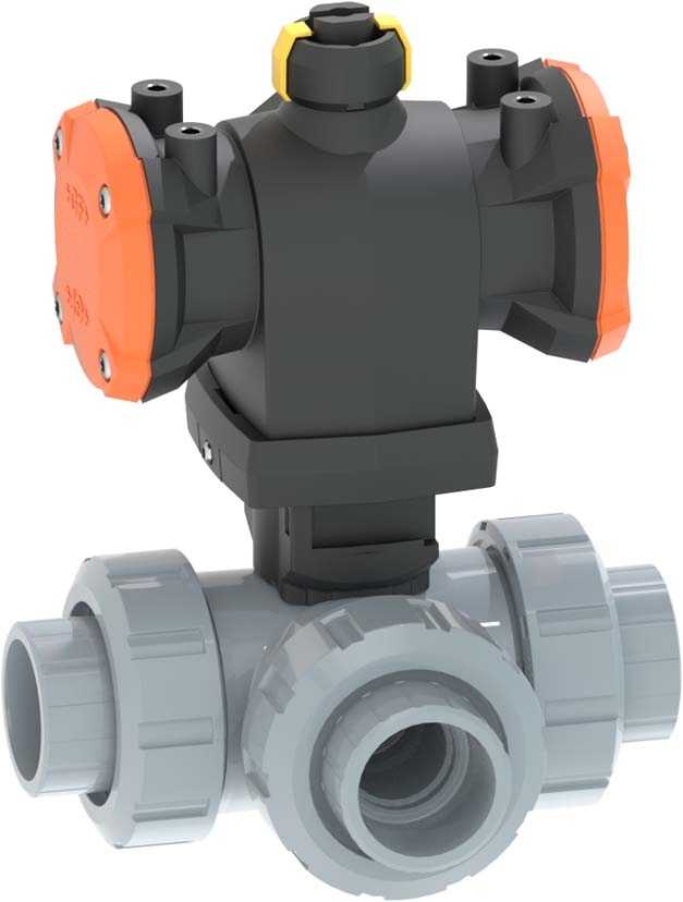 3-Weg Kugelhahn Typ 543 Pro P ABS<br />Horizontal/L-Bohrung <br />DA (Doppelt wirkend)<br />Ohne Handbetätigung<br />Mit Klebemuffen metrisch