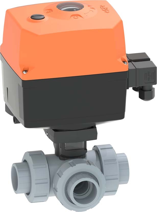 3-Weg Kugelhahn Typ 167 ABS Horizontal/L-Bohrung 24V Mit integrierter Handnotbetätigung Mit Klebemuffen metrisch d 50 mm, DN 40 mm, EPDM